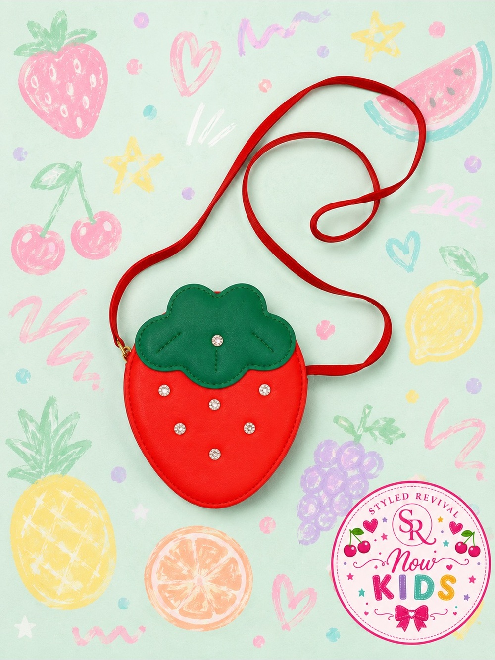 Kids Strawberry Faux Leather Rhinestone Crossbody Bag Girls Red Fruit Purse